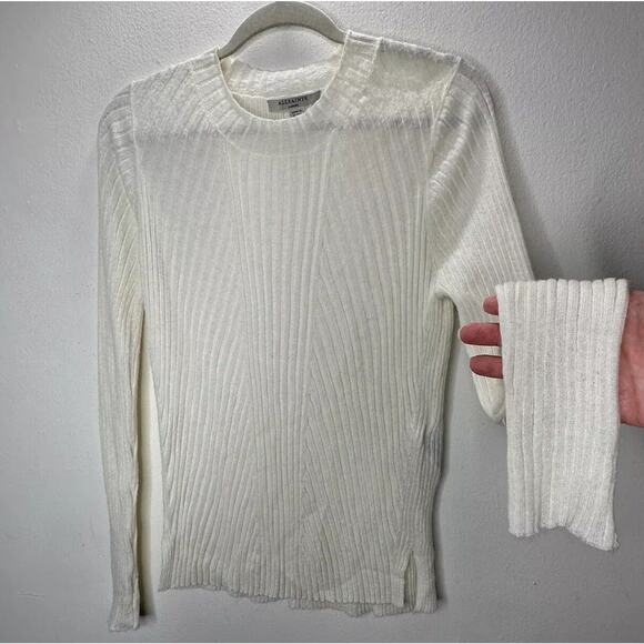 Allsaints Cream Ribbed Design Long Sleeve Round Neck Thin Light Sweater L - Picture 1 of 12